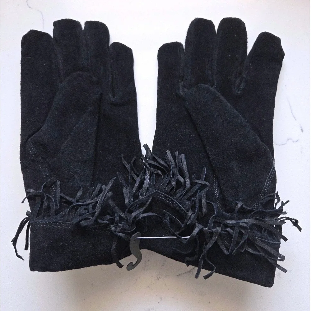 VTG Womens Black Genuine Leather Suede Fringe Trim Knit Lined Gloves Size M NEW